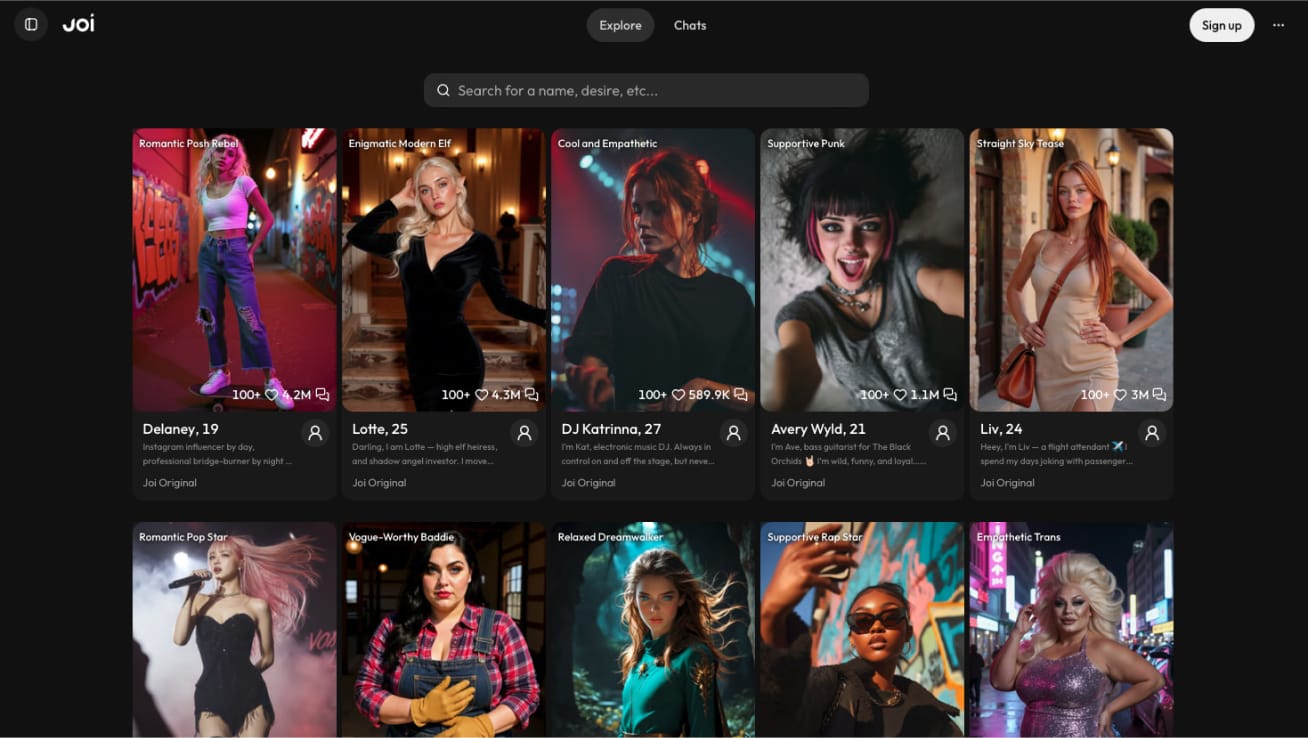 Joi AI Explore homepage — product page