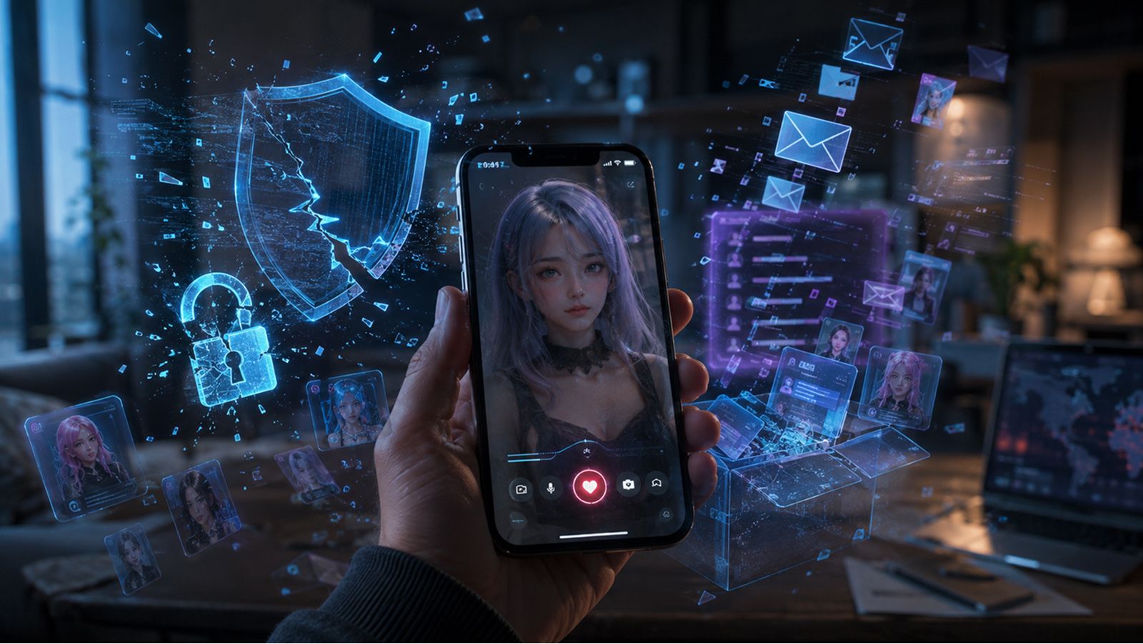 Hand holding a phone with an AI companion avatar, surrounded by security breach iconography
